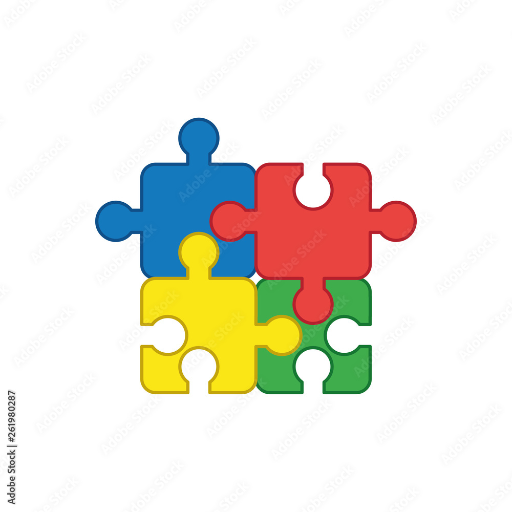 Flat design style vector concept of four jigsaw puzzle pieces icon connected on white. Colored outlines. Flat design style vector concept of four jigsaw puzzle pieces icon connected on white. Colored outlines.