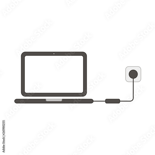 Flat design style vector concept of laptop computer icon charging on white. Colored outlines.