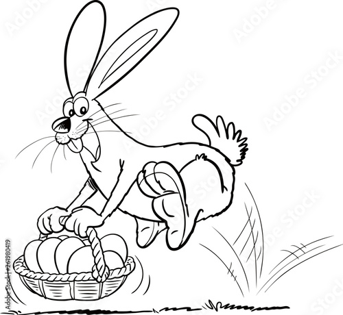 Cartoon Easter bunny jumping with egg basket. Vector clip art illustration with simple gradients