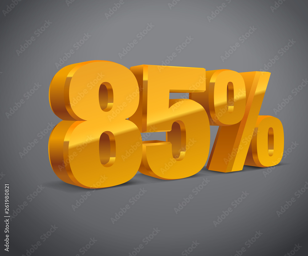 85% percent off, sale white background, golden-yellow metall object 3D. Eps10 Vector. 85% percent off, sale white background, golden-yellow metall object 3D. Eps10 Vector.