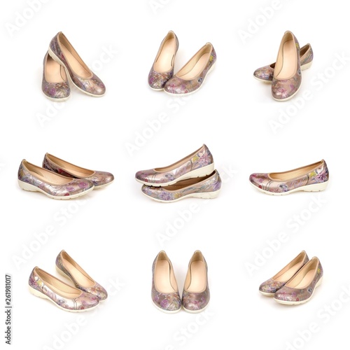 Comfortable beautiful low-heeled shoes isolated on white background