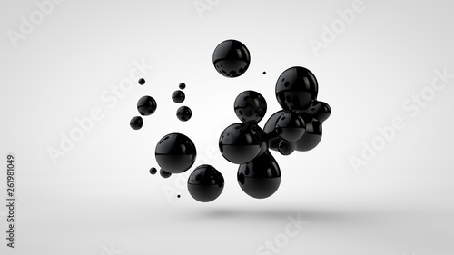 3D illustration of black oil droplets randomly spaced and isolated on a white background. 3D rendering, abstract image of chaos and disorder.