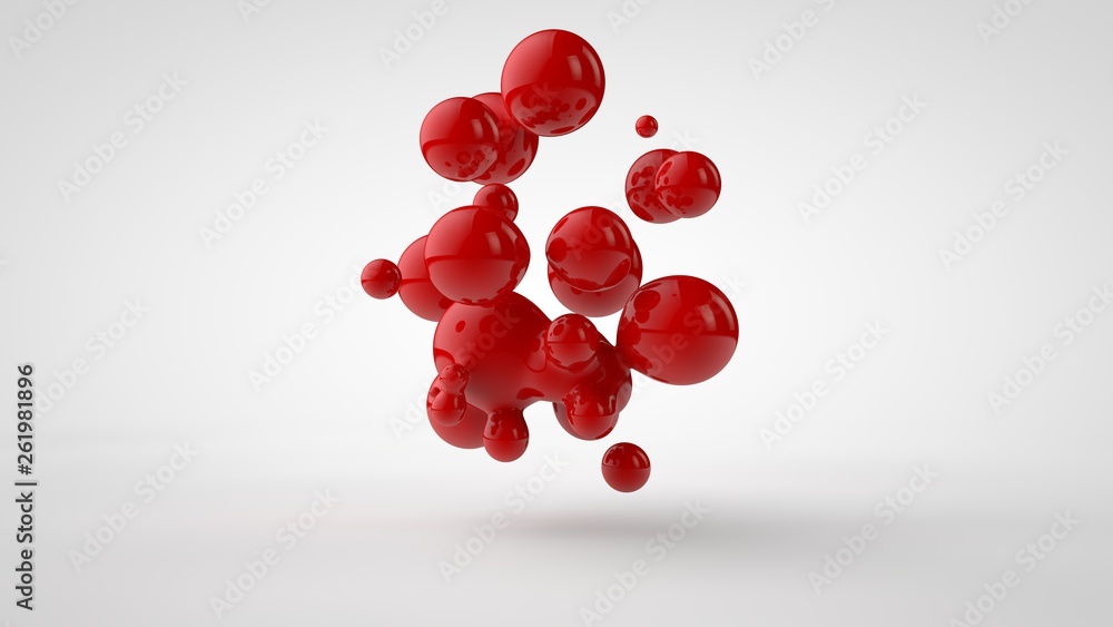 Fototapeta premium 3D rendering of a plurality of drops of the red liquid looked like blood, juice. Drops of different shapes, different sizes randomly arranged in space, isolated on a white background. 3D illustration