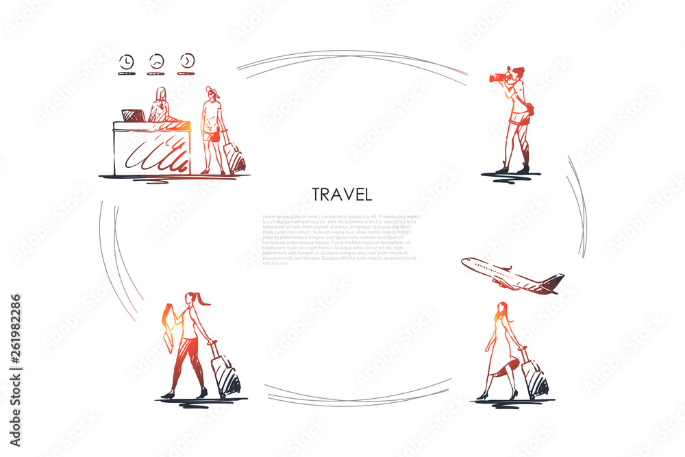 Travel - women making photo, traveling by plane, carrying suitcase, checking in in hotel vector concept set