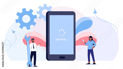 system update vector illustration concept, people update operation system on smartphone. can use for, landing page, template, ui, web, mobile app, poster, banner, flyer