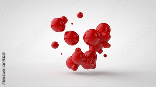 3D rendering of a plurality of drops of the red liquid looked like blood, juice. Drops of different shapes, different sizes randomly arranged in space, isolated on a white background. 3D illustration