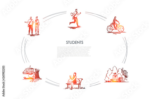 Students - girls and boys students reading books, riding bicycle and communicating vector concept sets