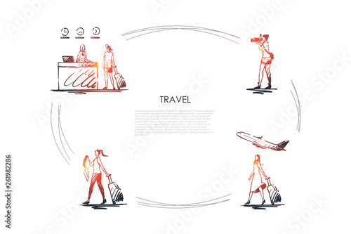 Travel - women making photo, traveling by plane, carrying suitcase, checking in in hotel vector concept set