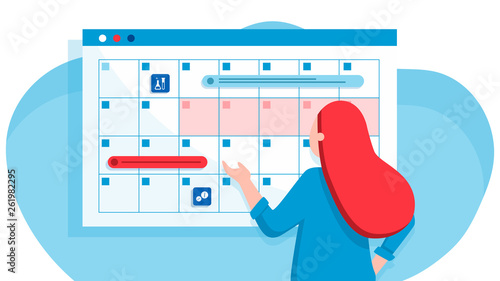A young woman marks the date of menstruation in the online calendar. An app for tracking your menstrual cycle and birth control. Website vibrant violet landing web page template.