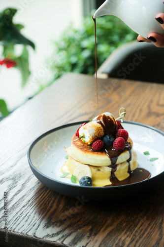 Pancakes with berries and marshmallow