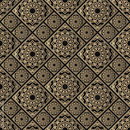 Islamic vector design. Seamless pattern oriental ornament. Black and golden textile print. Floral tiles.