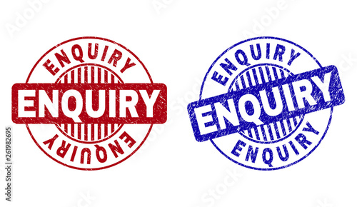 Grunge ENQUIRY round stamp seals isolated on a white background. Round seals with grunge texture in red and blue colors. Vector rubber imprint of ENQUIRY label inside circle form with stripes.