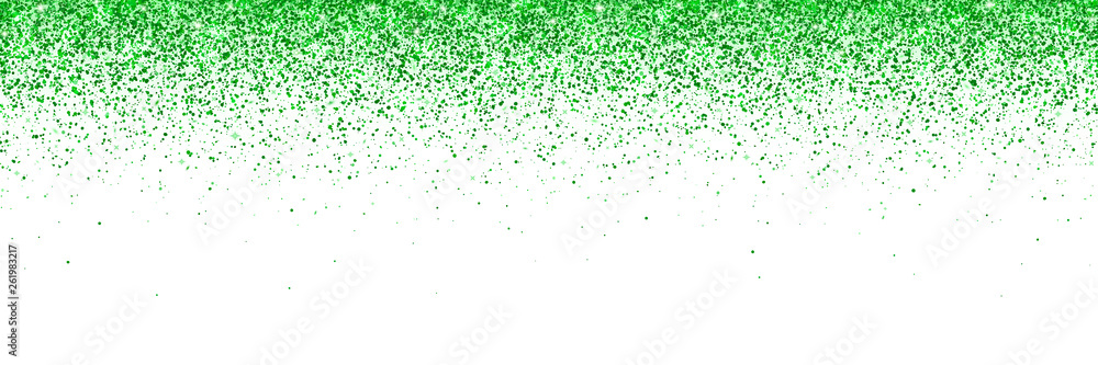 Green confetti on white background, wide horizontal. Vector