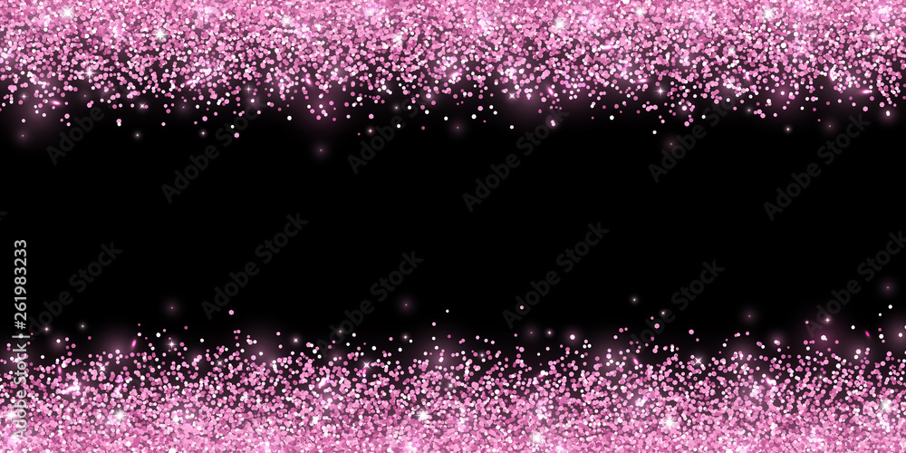 Pink confetti on black background, horizontal wide border. Vector Stock