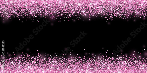 Pink confetti on black background, horizontal wide border. Vector