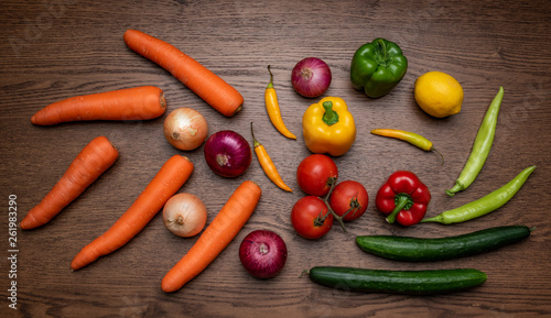 top view vegetables on wood...