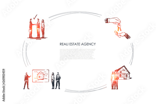 Real estate agency - presentation of new apartment, deal with new keys, happy family with new house vector concept set
