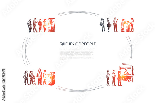 Queues of people - people in line waiting for their turn for atm, paying terminal and for boarding vector concept set