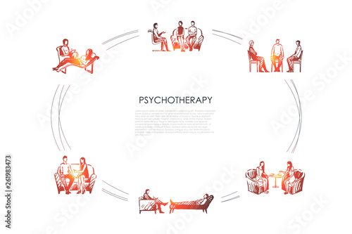 Psychotherapy - psychotherapist speaking with patients vector concept set