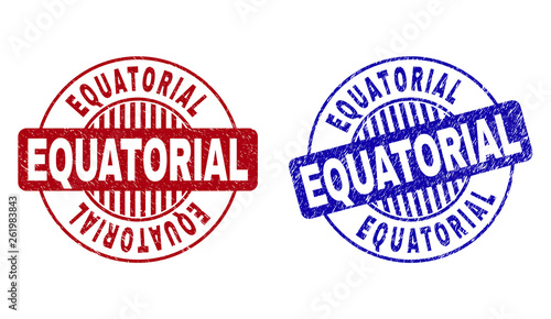 Grunge EQUATORIAL round stamp seals isolated on a white background. Round seals with grunge texture in red and blue colors. Vector rubber watermark of EQUATORIAL label inside circle form with stripes.
