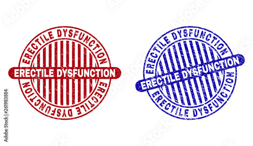 Grunge ERECTILE DYSFUNCTION round stamp seals isolated on a white background. Round seals with grunge texture in red and blue colors.