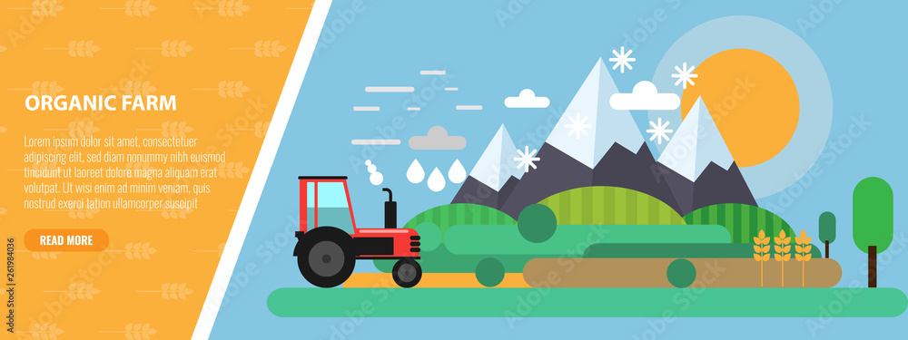 Naklejka premium Flat Design mountain and farm meadow Landscape and Tractor. Flat and solid vector illustration.