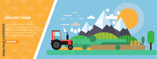 Flat Design mountain and farm meadow Landscape and Tractor. Flat and solid vector illustration.