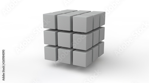 3D rendering of a set of cubes located in space  of different size  white color  isolated on a white background. Geometric model of destruction  chaos and variety of forms. 3D illustration.