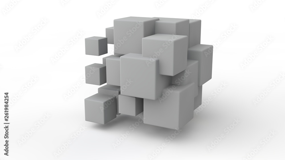 3D rendering of a set of cubes located in space, of different size, white color, isolated on a white background. Geometric model of destruction, chaos and variety of forms. 3D illustration. 3D rendering of a set of cubes located in space, of different size, white color, isolated on a white background. Geometric model of destruction, chaos and variety of forms. 3D illustration.
