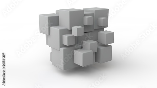 3D rendering of a set of cubes located in space, of different size, white color, isolated on a white background. Geometric model of destruction, chaos and variety of forms. 3D illustration.