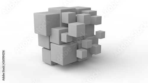 3D rendering of a set of cubes located in space  of different size  white color  isolated on a white background. Geometric model of destruction  chaos and variety of forms. 3D illustration.