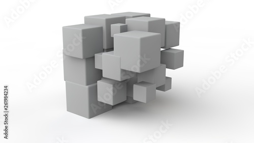 3D rendering of a set of cubes located in space, of different size, white color, isolated on a white background. Geometric model of destruction, chaos and variety of forms. 3D illustration.