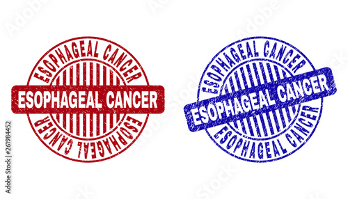 Grunge ESOPHAGEAL CANCER round stamp seals isolated on a white background. Round seals with distress texture in red and blue colors.