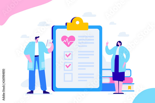 Health check up flat vector illustration concept. Health care. Male and female doctors holding medical form.