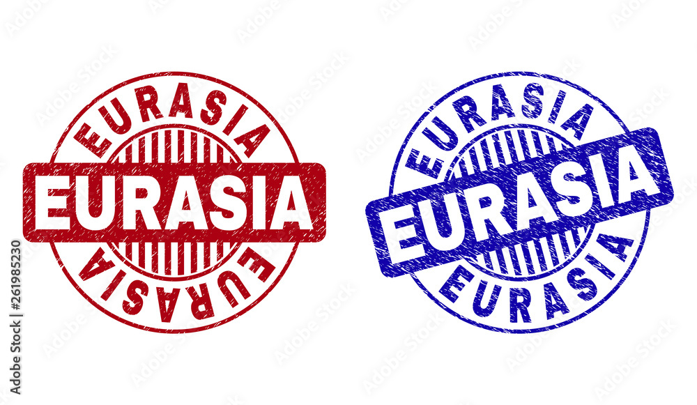 Grunge EURASIA round stamp seals isolated on a white background. Round seals with distress texture in red and blue colors. Vector rubber watermark of EURASIA tag inside circle form with stripes. Grunge EURASIA round stamp seals isolated on a white background. Round seals with distress texture in red and blue colors. Vector rubber watermark of EURASIA tag inside circle form with stripes.