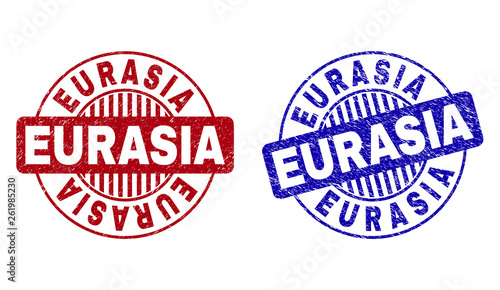 Grunge EURASIA round stamp seals isolated on a white background. Round seals with distress texture in red and blue colors. Vector rubber watermark of EURASIA tag inside circle form with stripes.