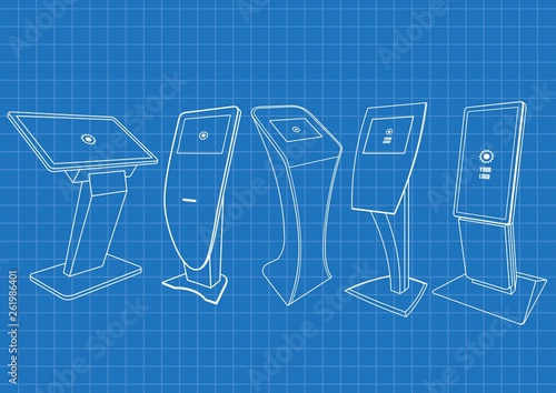 Blueprint of five Promotional Interactive Information Kiosk, Advertising Display, Terminal Stand, Touch Screen Display. Mock Up Template.