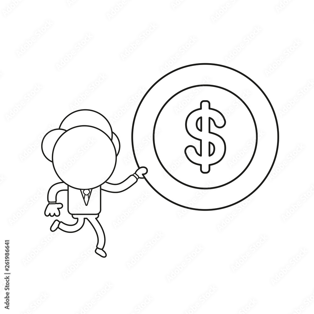 Vector businessman character running and carrying dollar money coin. Black outline. Vector businessman character running and carrying dollar money coin. Black outline.