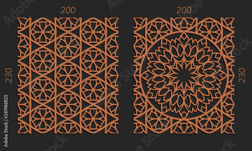 Laser cutting set. Woodcut vector trellis panels. Plywood lasercut floral design. Hexagonal seamless patterns for printing, engraving, paper cut. Stencil lattice ornaments.