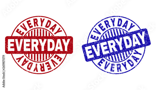 Grunge EVERYDAY round stamp seals isolated on a white background. Round seals with grunge texture in red and blue colors. Vector rubber overlay of EVERYDAY text inside circle form with stripes.
