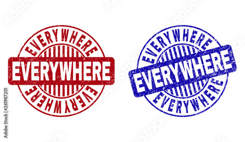 Grunge EVERYWHERE round stamp seals isolated on a white background. Round seals with grunge texture in red and blue colors. Vector rubber imprint of EVERYWHERE caption inside circle form with stripes.