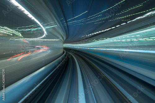Motion blur of train moving inside tunnel in Tokyo  Japan