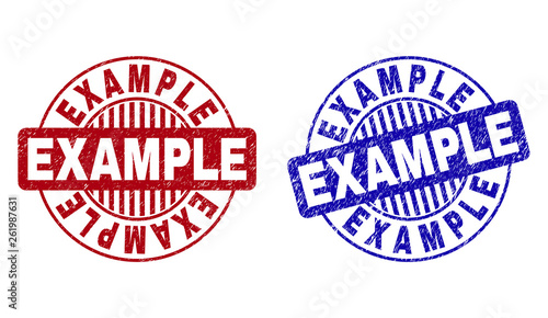 Grunge EXAMPLE round stamp seals isolated on a white background. Round seals with grunge texture in red and blue colors. Vector rubber watermark of EXAMPLE title inside circle form with stripes.