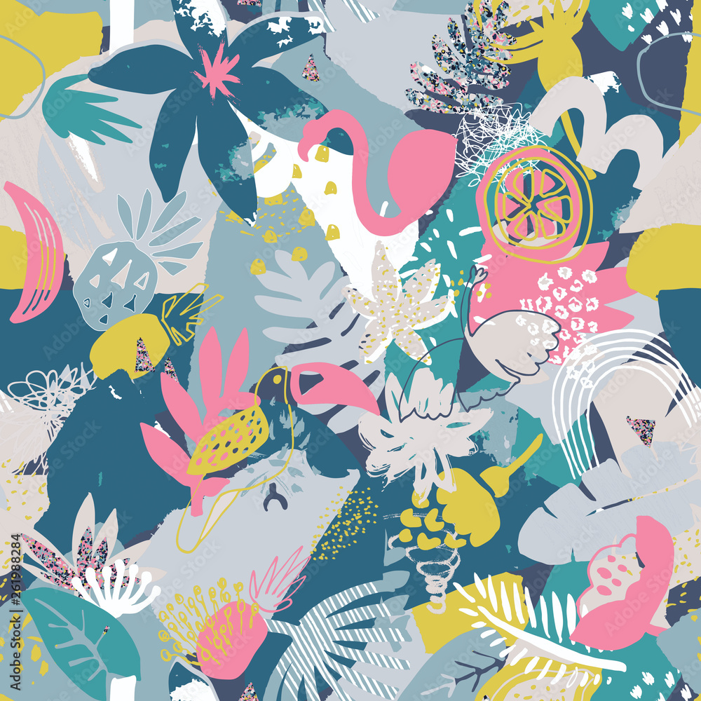 Obraz premium Vector colorful seamless pattern with tropical plants, flowers. birds, hand painted texture.