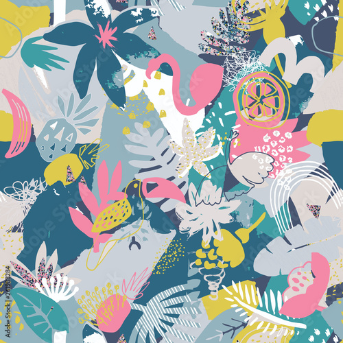 Vector colorful seamless pattern with tropical plants, flowers. birds, hand painted texture. © Andrei