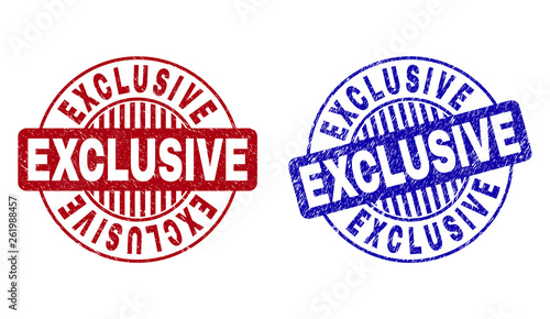 Grunge EXCLUSIVE round stamp seals isolated on a white background. Round seals with grunge texture in red and blue colors. Vector rubber overlay of EXCLUSIVE caption inside circle form with stripes.