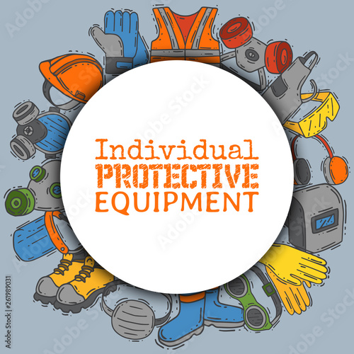 Individual protective equipment for safe work vector illustration. Big sale on health and safety supplies round pattern. Best offer of gloves, helmet, glasses, protection gas mask.