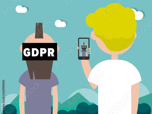 GDPR.Young photographer takes pictures of a character hiding behind an inscription General Data Protection Regulation.Flat cartoon design