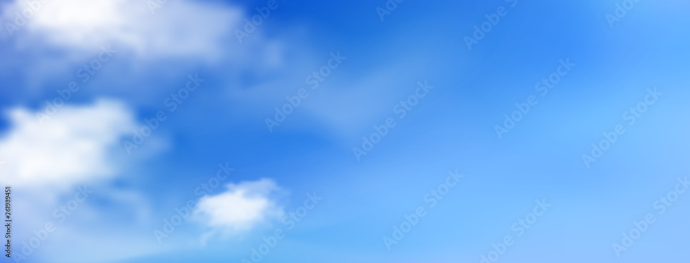 Fototapeta premium Blue sunny sky with white clouds, landscape banner, vector template