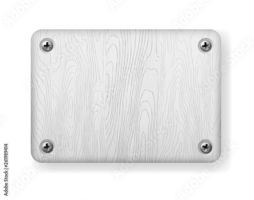 Wooden signboard fixed with screws, template with space for text, isolated on white background, vector